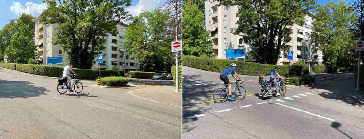 Zwei Fotos des Knotens Schafmattweg/Lindenstrasse vor und nach Änderung der Vortrittsregelung: links quert eine Velofahrperson ohne Bodenmarkierung die Kreuzung, rechts überqueren zwei Velofahrpersonen mit Anhänger die Strasse über neu markierte Radstreifen mit Haifischzähnen. Fussgängerstreifen-Signal, Einbahnverbot und Verkehrsinseln mit Leitbaken sind sichtbar, Fahrbahn trocken und asphaltiert, im Hintergrund Wohnhochhäuser hinter Hecken.