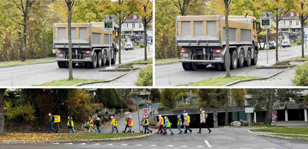 Bildcollage mit drei Fotos entlang der Lueterhaltstrasse: Oben zeigt ein Lastwagen zur Baustellenzufahrt, wie er an einer Geschwindigkeitsanzeigetafel mit Messung der Fahrgeschwindigkeit vorbeifährt, einmal mit Anzeige «29 km/h», einmal mit Smiley-Symbol. Unten überqueren Schulkinder mit gelben Sicherheitswesten, begleitet von Erwachsenen, einen Fussgängerstreifen bei einer Einfahrt mit Verbotssignalen für Fahrzeuge.