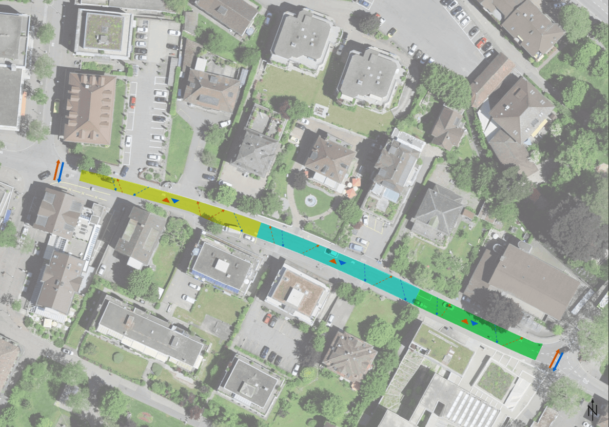 Luftbild einer Wohnquartierstrasse mit umliegender Bebauung und Gärten. Die Strasse ist zur Zählung des querenden Fussverkehrs in drei farbige Sektoren (gelb, türkis, grün) unterteilt, jeweils mit farbigen Pfeilen zur Erfassung der Gehrichtungen markiert. Nordpfeil unten rechts.