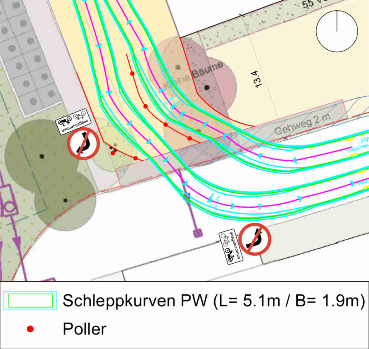 Planausschnitt Heimberg, Louelipark: Richtprojekt-Grundlagenkarte mit eingezeichneten Schleppkurven für Personenwagen (grün/magenta/cyan) bei Zu- und Wegfahrt Louelipark Stufe 2, ergänzt mit roten Pollern entlang der Fahrspuren. Symbole für Fahrverbot mit Ausnahme Velo sowie ein Gehweg mit 2 m Breite sind eingezeichnet, zudem Vermassungen der Fahrbahnbreiten und ein Nordpfeil oben rechts.