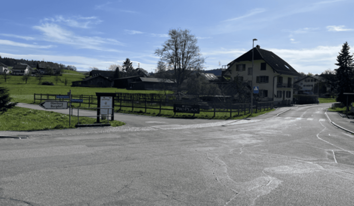 Knoten Bergweg, Grauenstein, Husmatt und Dorfstrasse in Krauchthal, Blickrichtung Süd. Übersichtliche Kreuzung mit breiter, asphaltierter Fahrbahn ohne Markierungen, umgeben von Wiesen und einem Bauernhaus im Hintergrund. Wegweiser links zeigt Richtung Oberburg/Burgdorf. Ein Fussgängerstreifen-Signal steht am rechten Strassenrand vor einem Gebäude mit Reklametafel. Keine Verkehrsteilnehmenden sichtbar, ruhige ländliche Verkehrssituation.