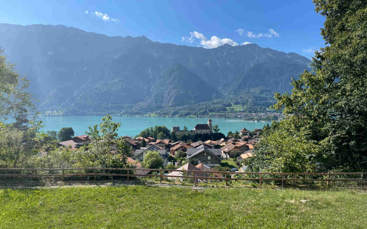 Blick von einer Wiese oberhalb Ringgenberg auf den türkisfarbenen Brienzersee, das Schlossgut mit Kirche und die Dächer der Ortschaft am Ufer, umrahmt von Bäumen und Bergen im Hintergrund.
