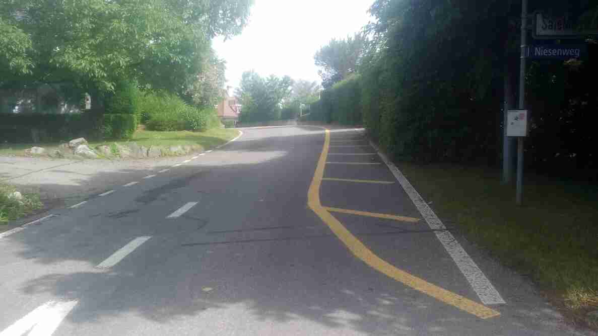 Strasse beim Niesenweg mit gelber Bodenmarkierung als Längsführung für Zufussgehende am rechten Fahrbahnrand, abgegrenzt durch eine durchgezogene weisse Linie. Die Fahrbahn ist in gutem Zustand und führt in einer leichten Rechtskurve zwischen Hecken und Bäumen hindurch. Rechts ist ein Strassenschild mit dem Namen Niesenweg sowie ein weiteres Verkehrsschild angebracht.