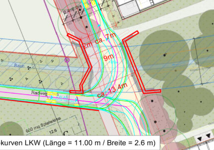 Schleppkurven Lastwagen (Grundlagenkarte «Heimberg, Louelipark – Richtprojekt» der Frutiger AG)