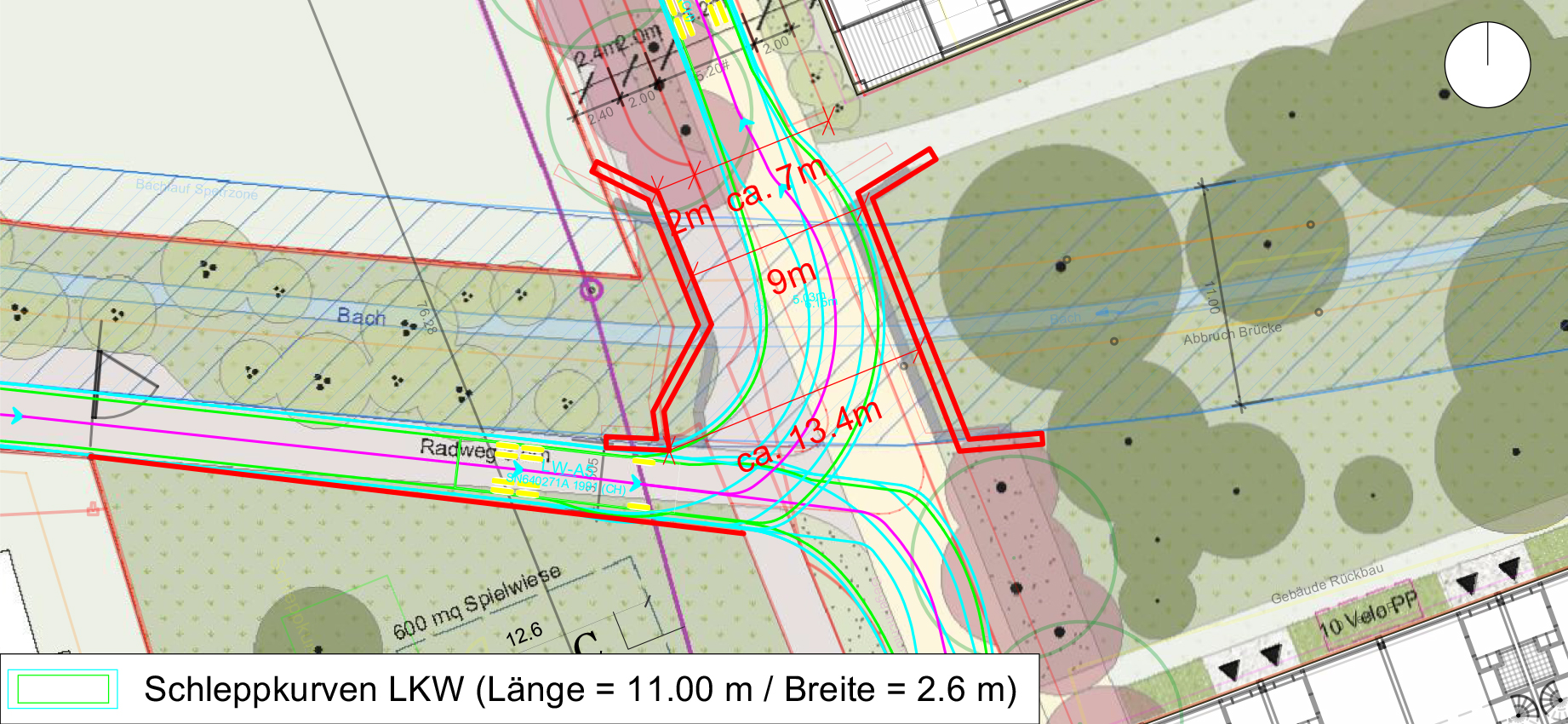 Schleppkurven Lastwagen (Grundlagenkarte «Heimberg, Louelipark – Richtprojekt» der Frutiger AG)